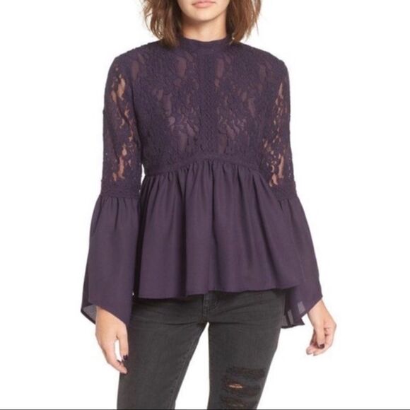 Sun & Shadow Purple Lace Inset Peplum Top Bell Sleeves M - Picture 4 of 15